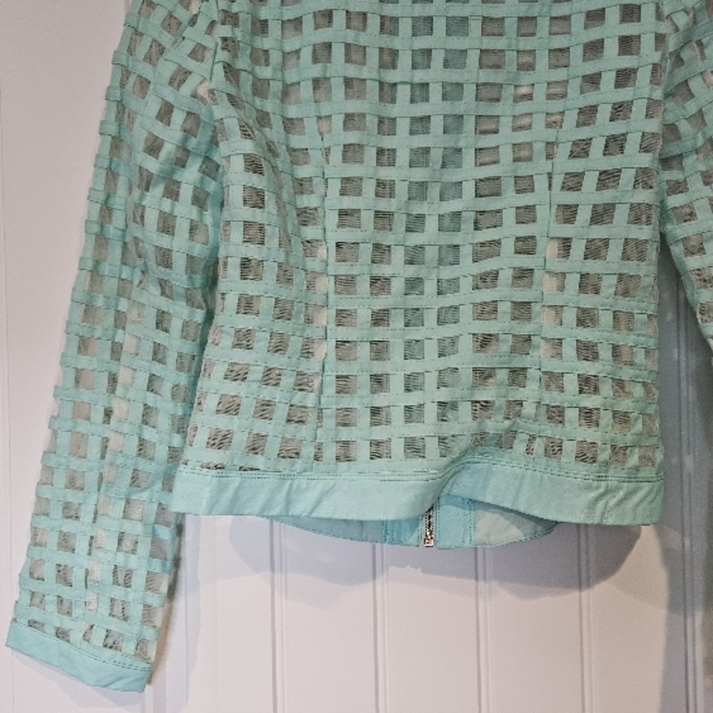 Mesh Light Aqua Open Weave Zip-Front Moto Pleather Jacket - Picture 2 of 11